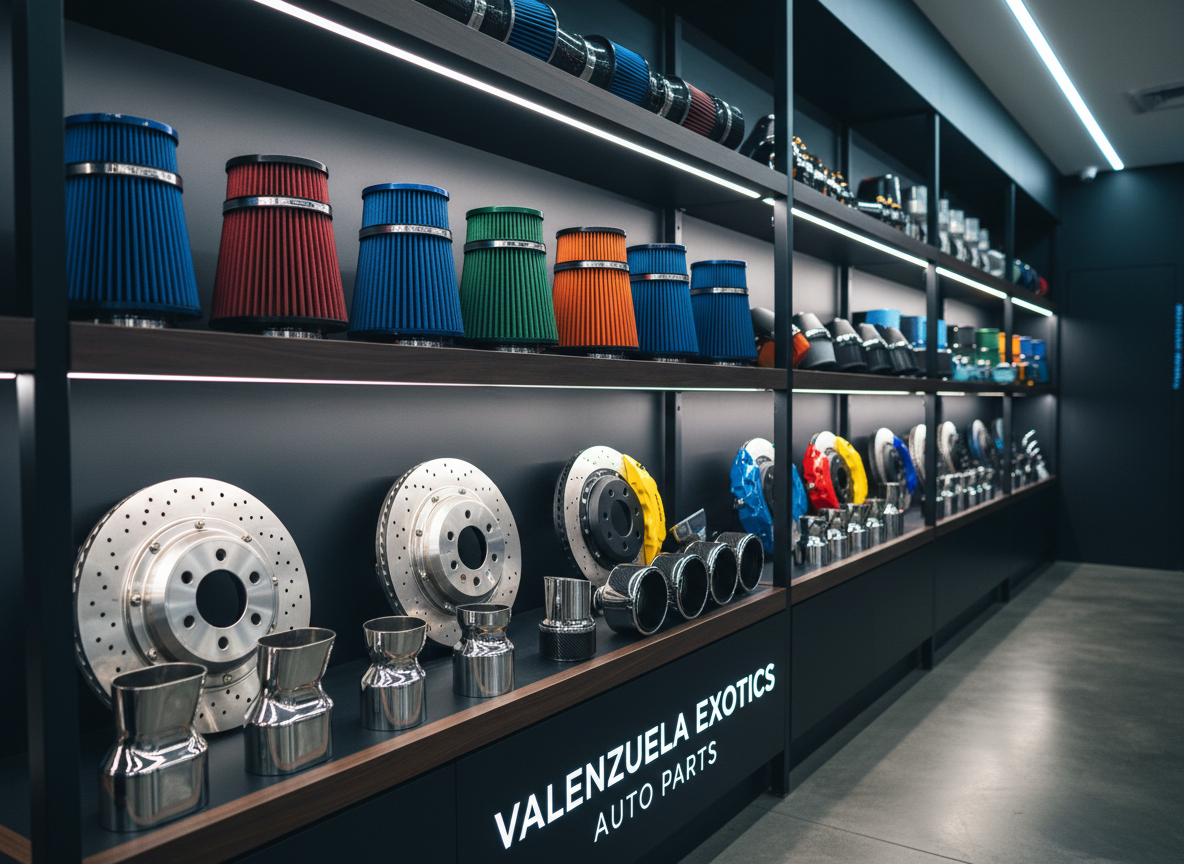 A meticulously organized wall of premium exotic auto parts, featuring gleaming chrome exhaust tips, precision-machined brake rotors, and colorful performance air filters arranged in neat rows. The components rest on dark matte shelving inside a modern, high-end auto parts showroom. Cool, diffused overhead LED lighting reflects subtly off metallic surfaces, emphasizing their flawless finish while casting soft, controlled shadows. Shot at eye level with a wide-angle lens, the foreground parts are in crisp focus, with the background gradually softening into a gentle bokeh. The atmosphere is professional, trustworthy, and technical, with photographic realism and a clean, modern aesthetic that highlights quality and reliability for Valenzuela Exotics Auto Parts.